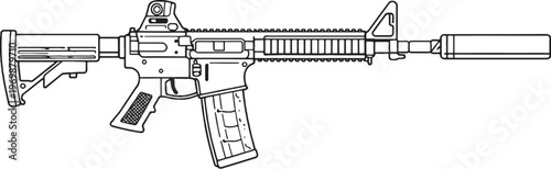 Suppressed Rifle Black and White Line Art Vector Silenced Tactical Firearm Illustration