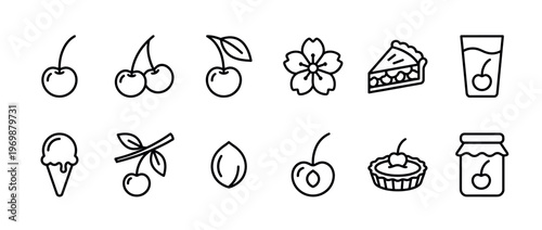 Cherry fruit and dessert icons set featuring various sweet treats, fresh berries, and related elements in a simple line art style.