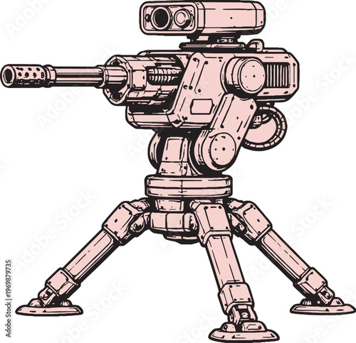 Sentry Gun System Vector Line Art Side View Automated Defense Weapon Illustration