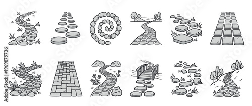 Collection of hand-drawn garden paths and stepping stones illustrations, featuring various designs like winding stone paths, straight paver walkways, and decorative elements.