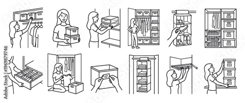 Closet organization, people tidying up clothes and storage boxes in a neat wardrobe system at home.