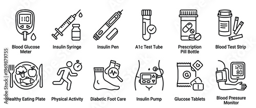 Diabetes management and healthcare icons showing essential tools, treatments, and lifestyle activities for monitoring health and wellbeing.