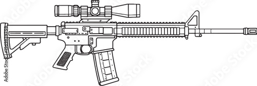 Scoped Rifle Black and White Line Art Vector Tactical Firearm with Optical Sight Illustration