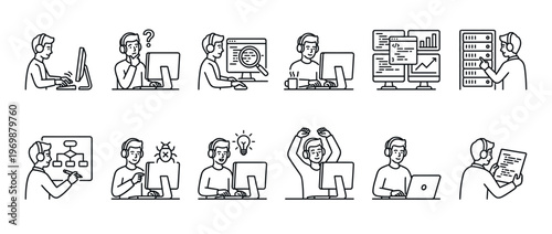 Developers working on computers, coding, debugging, and managing IT infrastructure, illustrating various stages of software development and problem-solving processes.