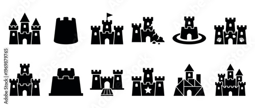 Collection of various sandcastle icons, including simple and elaborate designs with towers, flags, moats, and decorative elements, representing beach fun and childhood play.