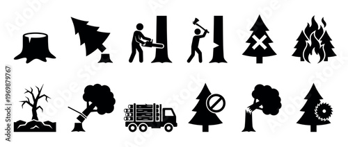 Deforestation and logging icons showing various stages of tree removal, forest destruction, and environmental impact on nature.
