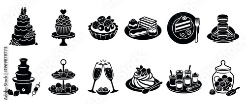 Assortment of delicious desserts, sweet pastries, and celebratory treats including cakes, chocolates, and champagne glasses.