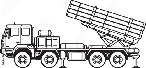 Rocket Artillery System Vector Line Art Multiple Launch Military Rocket Platform Side View
