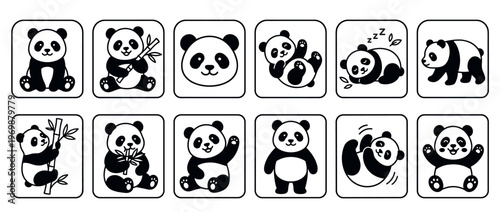 Cute cartoon panda illustrations in various poses and activities, including sitting, playing, sleeping, and holding bamboo, perfect for children's designs.
