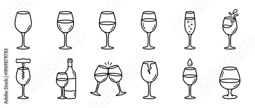 Wine glasses, champagne flutes, and bottle icons depicting various drink-related elements in a simple outline style.