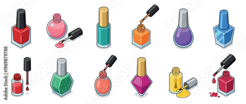 Nail polish bottles and open containers with brushes and spilled liquid in a colorful isometric vector illustration set.