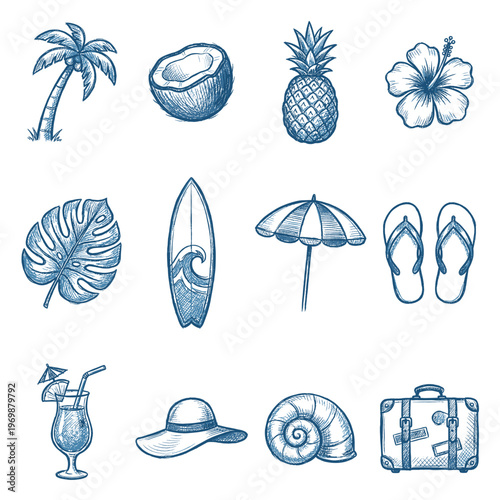 Tropical summer vacation elements, a collection of hand drawn sketch style illustrations for travel and beach holidays