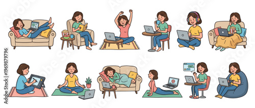 Collection of illustrations depicting a young woman's daily life at home, performing various activities like work, study, and leisure.
