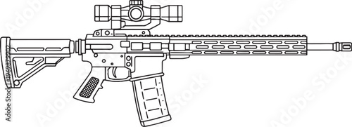 Modern Modular Rifle Black and White Line Art Vector Tactical Firearm Illustration