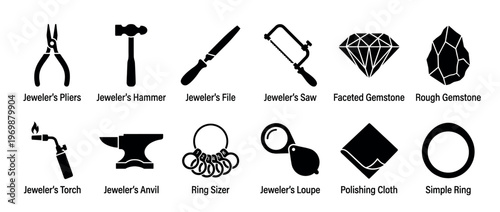 Jeweler's tools and jewelry items icon set, featuring various equipment for crafting and repairing precious metal pieces and gemstones.