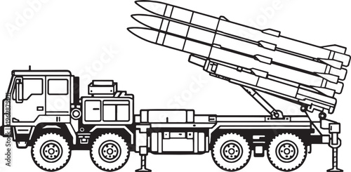Mobile Missile Launcher Vehicle Vector Line Art Military Truck Rocket System Side View
