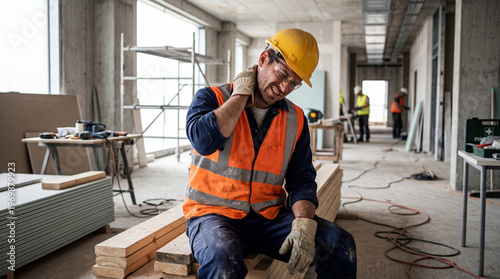 Construction worker injury neck pain accident safety concern building site as tired male builder in orange vest sits on timber stack holding sore neck during work