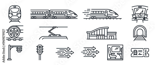 Modern railway transportation system line icons set featuring various train elements, station, signals, and travel tickets.