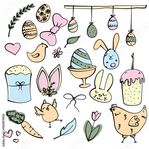 Easter elements set with cute bunnies, kulich cakes, hen, chickens and decorated eggs