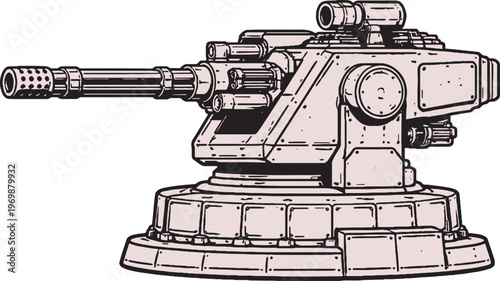 Military Turret Vector Line Art Side View Rotating Weapon System Illustration