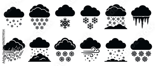 Winter weather icons set with clouds, snow, icicles and wind representing various cold climate conditions and forecast symbols.