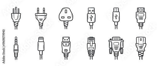 Various electrical plugs and data connectors for electronic devices, power supply, and digital communication technology.