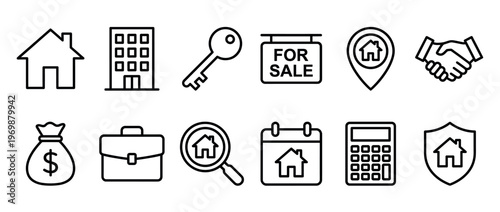 Real estate property housing icons representing buying, selling, renting, and managing homes and commercial buildings, perfect for business and financial concepts.