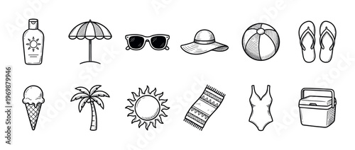 Summer beach vacation items hand drawn as a collection of essential travel objects for sunny holidays and outdoor leisure activities.