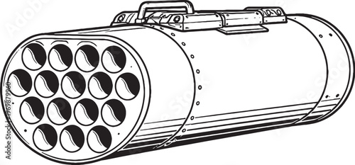 Military Rocket Pod Vector Line Art Cylindrical Launcher System Side View