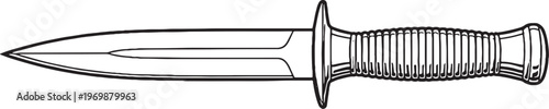 Military Dagger Black and White Vector Line Art Illustration Double Edged Blade Symmetrical Design