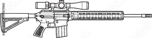 Marksman Rifle Black and White Line Art Vector Precision Military Firearm Illustration