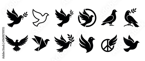 Doves and pigeons vector icons set representing peace, freedom, and spirituality in various styles and forms.