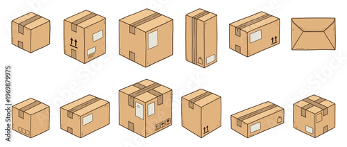 Isometric cartoon style cardboard shipping boxes and a mail envelope for delivery, moving, or storage.