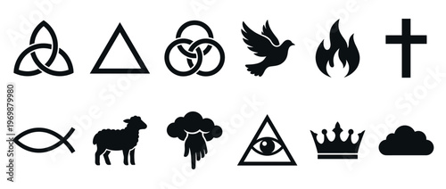 Collection of various religious and spiritual symbols, including Christian icons like the cross, dove, and fish, alongside mystical emblems.