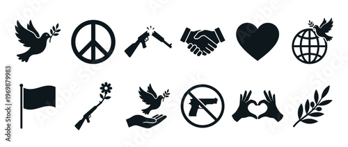 Peace and anti-war icons collection with symbols of love and hope, including doves, broken guns, and heart gestures.