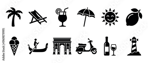 Travel vacation summer icons collection featuring various elements like palm trees, beach chairs, cocktails, and famous landmarks for holiday concepts.