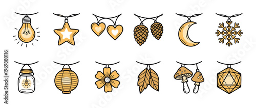 Cute doodle string lights collection featuring various whimsical hand-drawn hanging decorations like bulbs, stars, hearts, and natural elements.