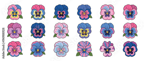 Vibrant collection of pansy flowers in various shades of pink, purple, blue, and yellow, depicted as charming floral illustrations.