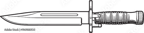 Bayonet Knife Black and White Vector Line Art Illustration Military Rifle Attachment Blade