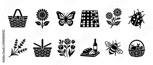Collection of various picnic and nature-themed black silhouette icons including baskets, flowers, insects, and food items for outdoor activities.
