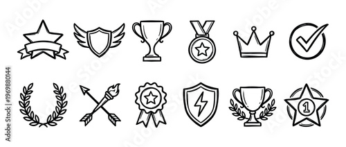 Hand drawn doodle style collection of achievement, award, and success icons representing victory, quality, and recognition symbols.