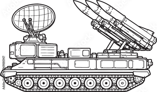 Air Defense Missile System Vector Line Art Radar Integrated Military Launcher Side View