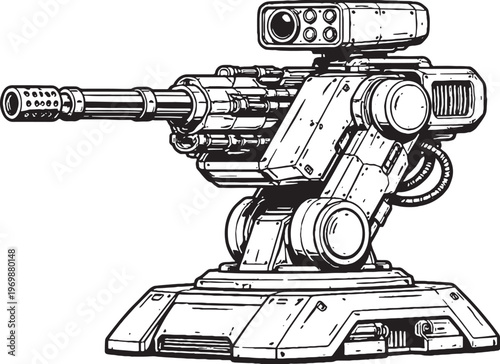 Automated Gun Turret Vector Line Art Side View Robotic Weapon System Illustration
