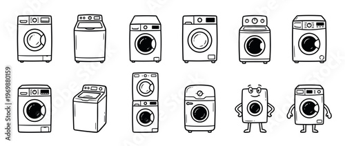 Various doodle style washing machines and laundry appliances, including front-load, top-load, and stacked units.
