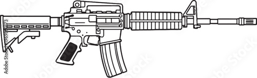 Assault Rifle Black and White Line Art Vector Military Firearm Illustration