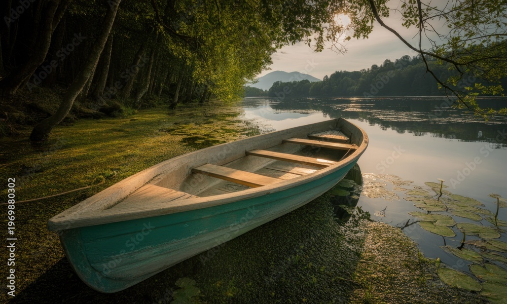 Obraz premium Tranquil Lakeside Boat
