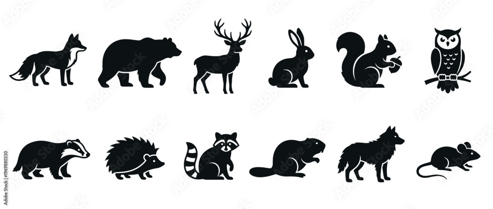 Obraz premium Forest animals silhouettes collection featuring various wild creatures in a simple graphic style for nature and wildlife themes.