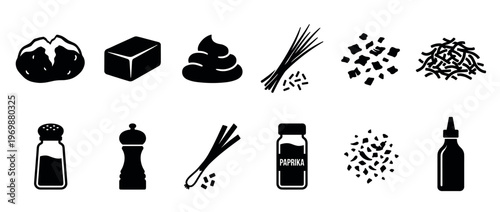 Food ingredients, spices, and condiments vector icon set for cooking and kitchen applications, featuring various culinary elements and seasonings.