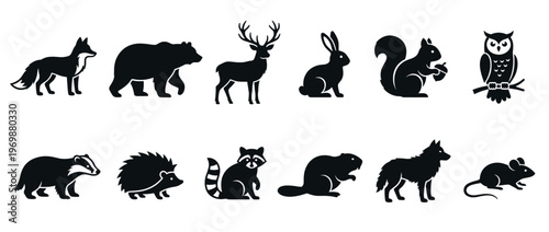 Forest animals silhouettes collection featuring various wild creatures in a simple graphic style for nature and wildlife themes.