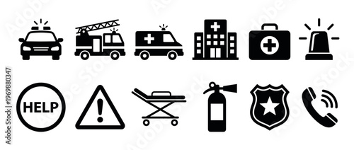 Emergency services icons set featuring essential symbols for safety, rescue, and medical assistance, ideal for public safety and health-related designs.